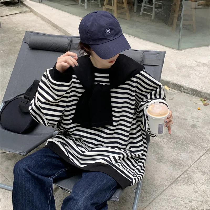 

Kimutomo Striped Sweatshirt Women Autumn Fashion Korea Chic Female O-neck Full Sleeve Long Pullover Ladies Shawl Thick Tops