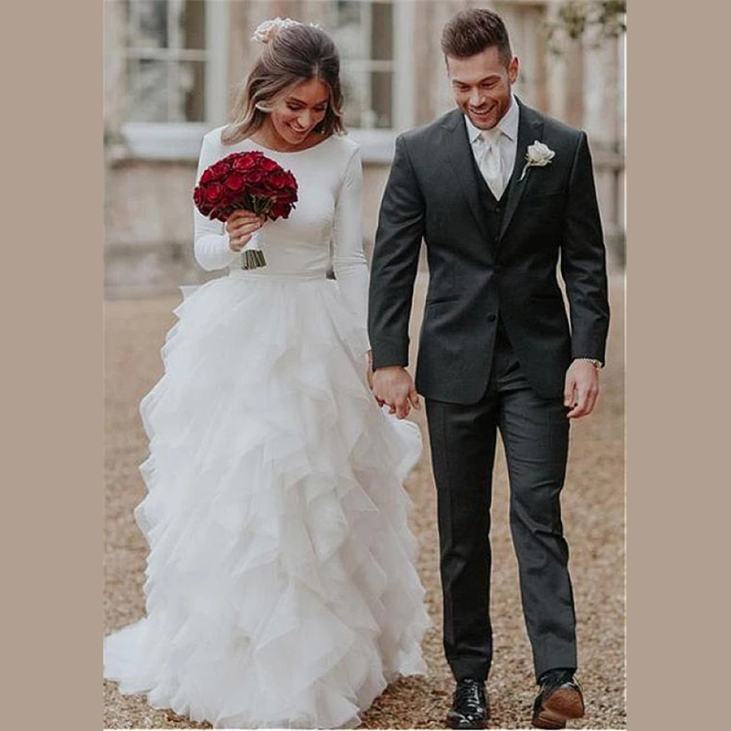 

MoonlightShadow Lovely Wedding Dresses A-Line O-neck Full Sleeves Floor-length See Through Ball Gown Bridal Gowns Robe De Mariée