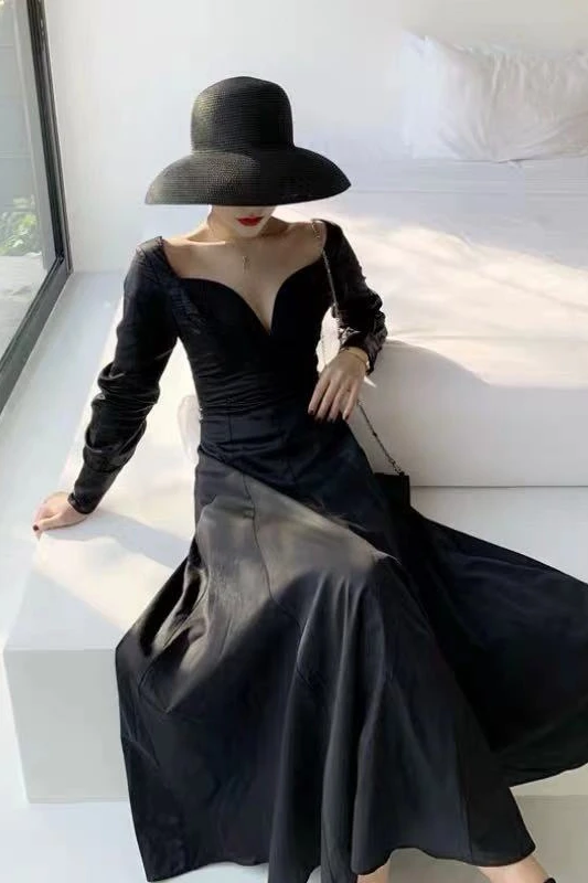 

Dresses 2021 French Court Retro Dress Long Skirt Waist Slimming Temperament Long Sleeve Black Holiday Dress Kawaii Robe ete