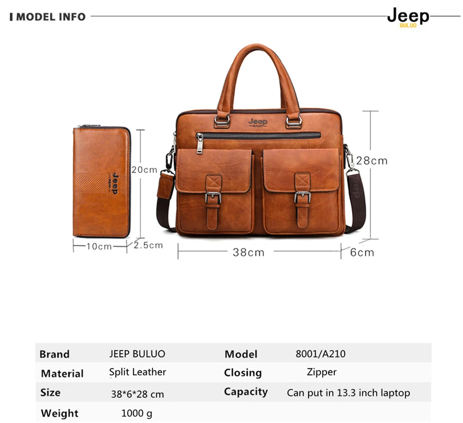JEEP BULUO, мужской портфель, сумка для 13'3 дюймов, для ноутбука, деловые сумки, 2 шт. в комплекте, сумки, высокое качество, кожа, для офиса, сумки на плечо, тоут