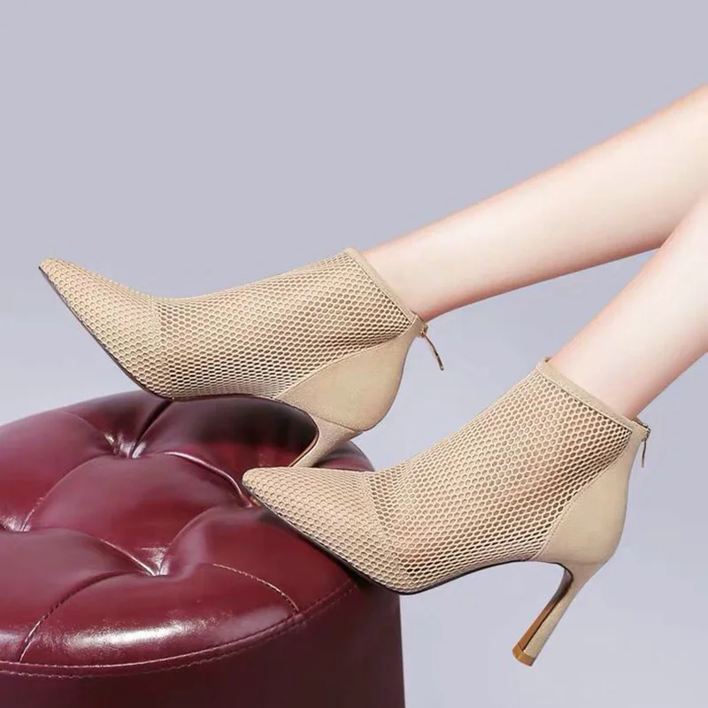 

Rimocy Women Sexy Mesh Pointed Toe Pumps Fashion Hollow Out High Heels Shoes Woman Black Beige High Street Spring Sandals Mujer