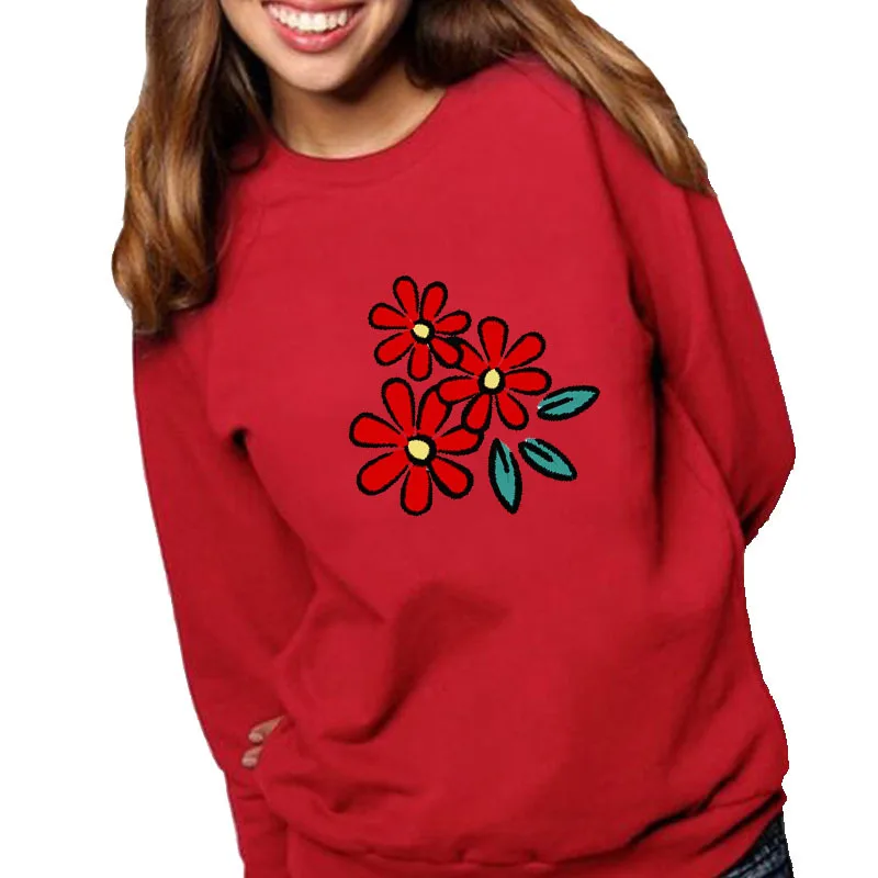 

Women Hoodie Red Flower Printed Hoodies Women Fleece Long Sleeve O Neck Loose Sweatshirt Girls Pullovers Winter