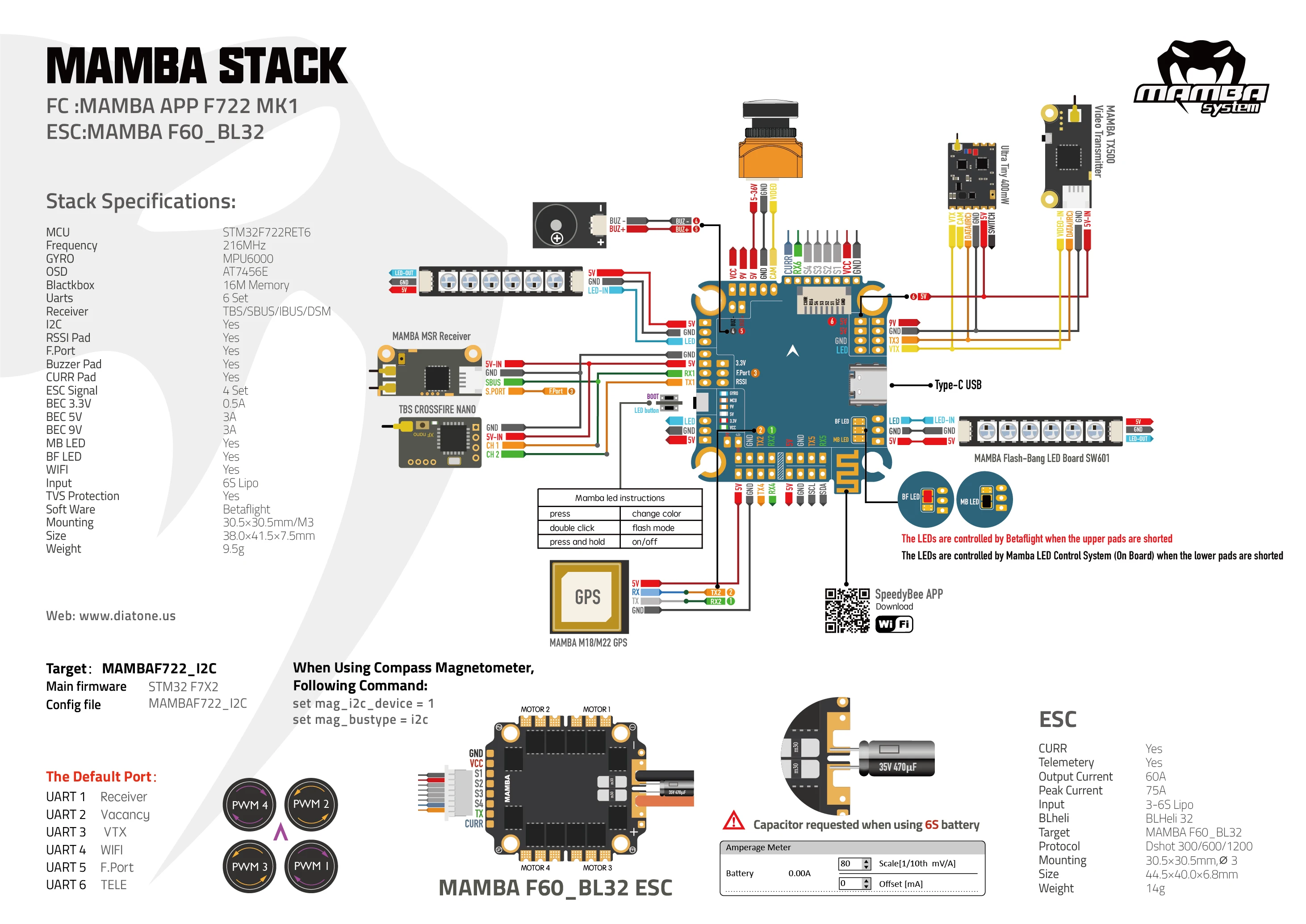 Контроллер полета Diatone MAMBA F722S Betaflight stack OSD 5/9V 2A BEC & 50A 3 6S Blheli_32 Dshot1200 Brushless ESC f722