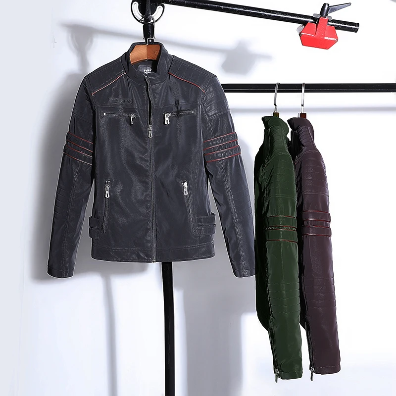 Мужская кожаная куртка с вышивкой EICHOS модная повседневная байкерская из