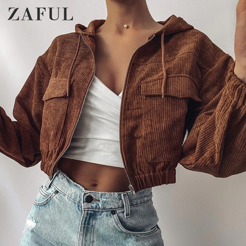 \ &quotZAFUL Женская Вельветовая короткая пальто заниженной линией плеч толстовка с