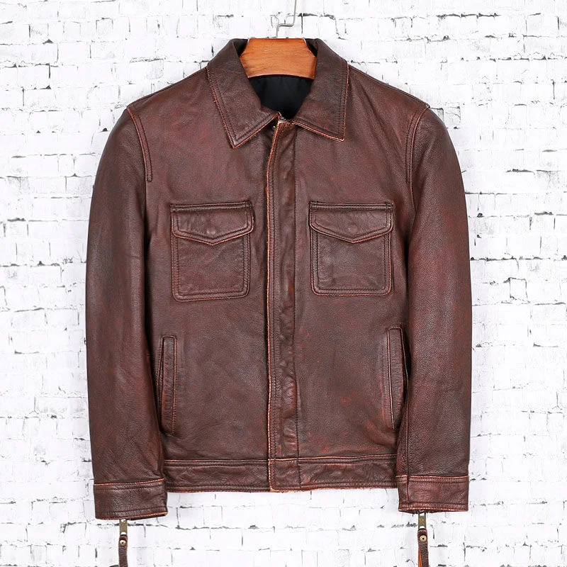

2021 Vintage Brown Genuine Leather Jacket Men Casual Style Double Pockets Plus Size 5XL Real Cowhide Autumn Slim Fit Male Coat