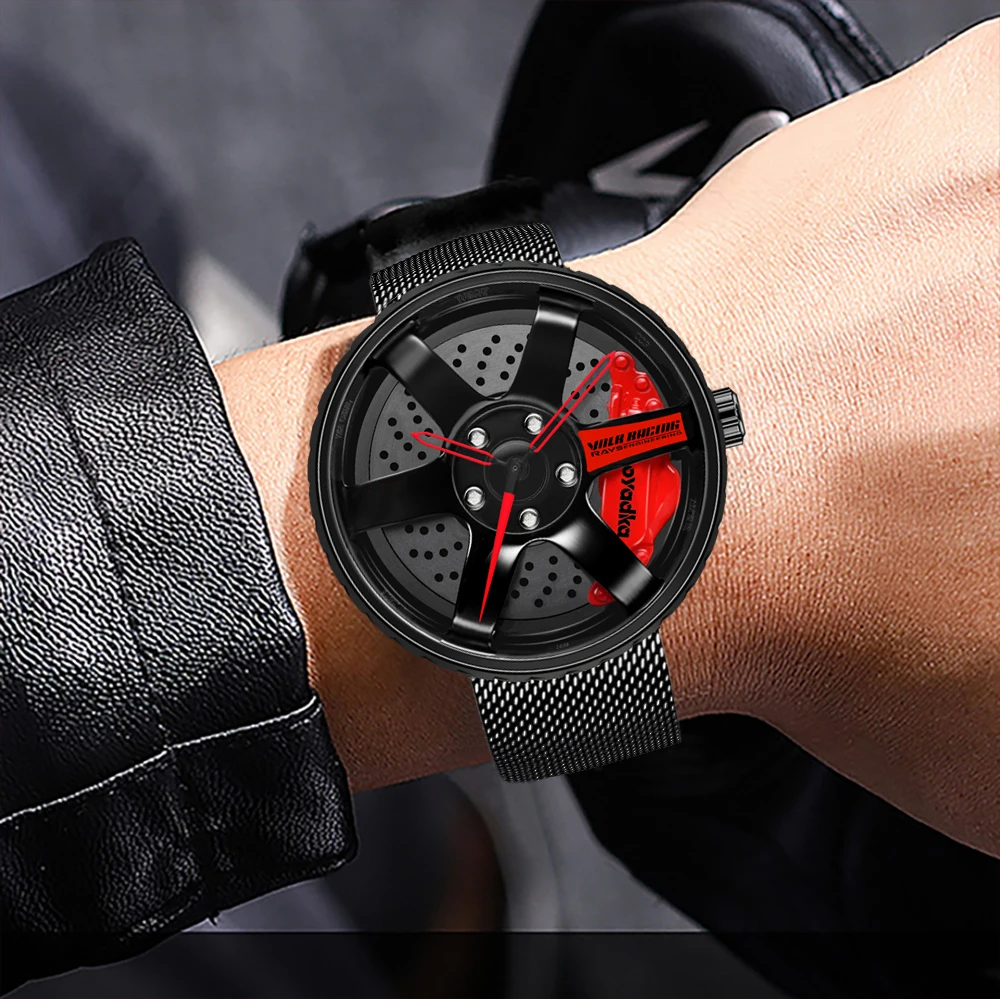 

Creative 3D Men Watch Steel Car Auto Racing Watches Wheel Rim Hub Designed R8 Series Wrist Watch Luxury Brand Dropshipping