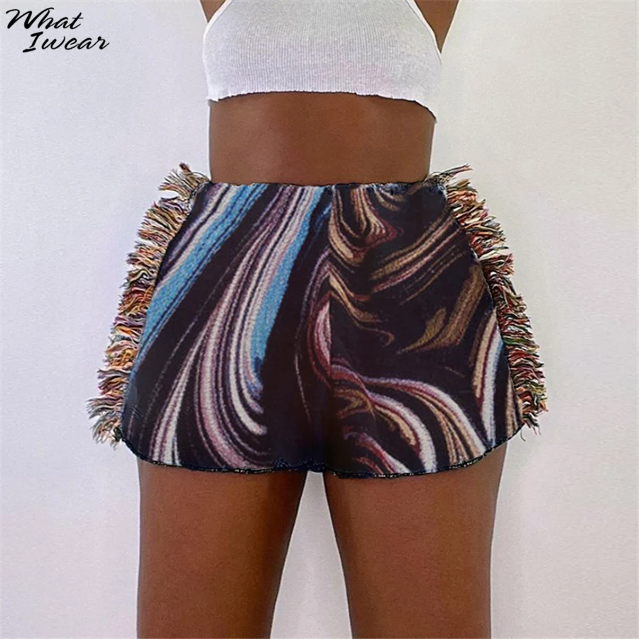 

Whatiwear Vintage Indie Folk Print Shorts Women Summer Casual Unique Style Side Tassel Shorts Hot Hipster Female Clothing