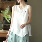 Блузка ZANZEA женская с круглым вырезом, винтажная Туника без рукавов, однотонная хлопковая рубашка, Повседневная Свободная одежда, большие размеры, на лето