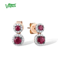VISTOSO Gold Earrings For Women 14K 585 Rose Gold Sparkling Ruby Diamond Round Stud Earrings Simple Style Trendy Fine Jewelry