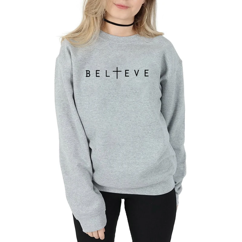 

Believe Cross 100% Cotton Sweatshirt Women Religious Christian Easter Sweatshirt Casual Unisex Graphic Jesus Faith Pullovers