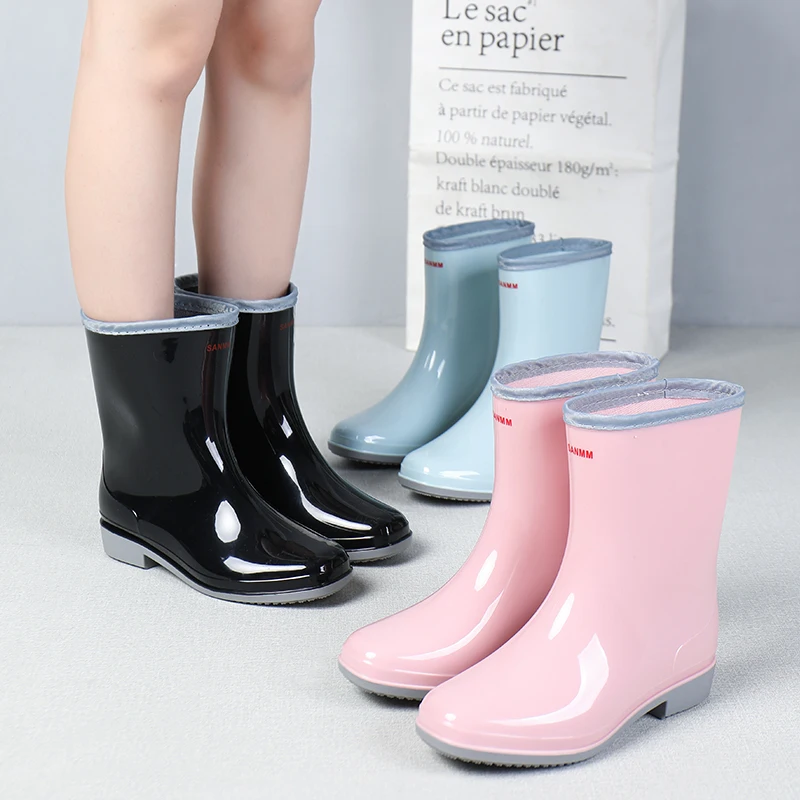 Pvc Water Shoes Women Thick Heel Mid Calf Boots Waterproof 2021 Color Female Casual Rainboots for Rain Winter Warm Sock Boots