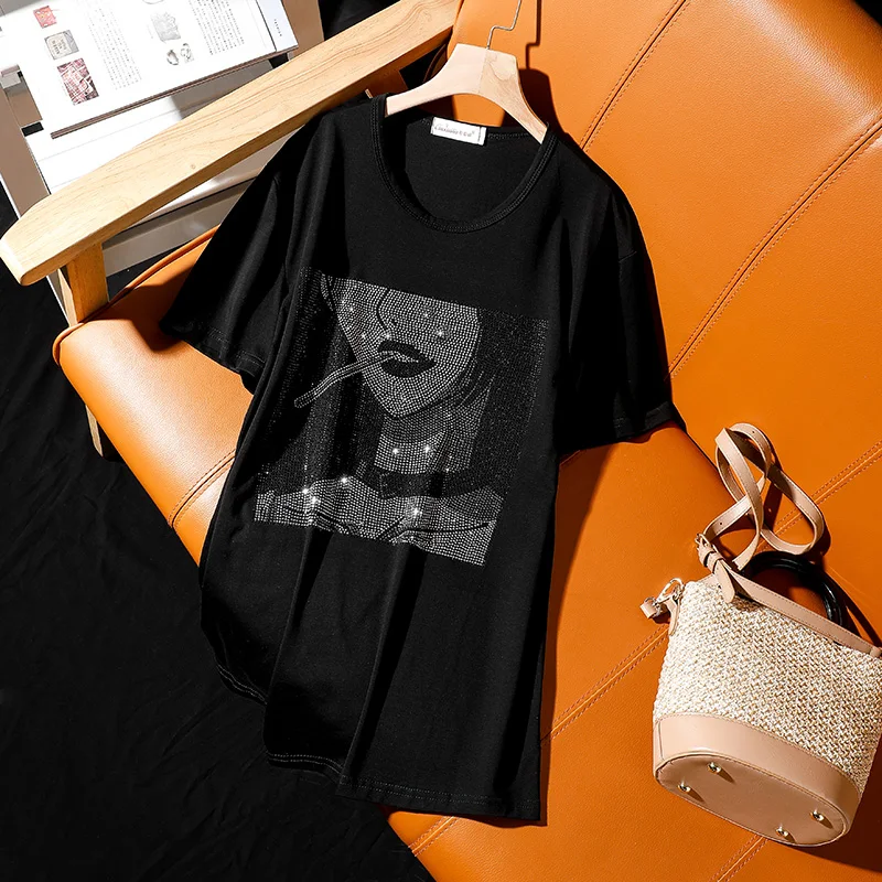 

Summer 2020 Europe Harajuku Style Loose Plus Size Short Sleeve T-Shirt For Women Personality Casual Hot Diamond Female Tops TX39