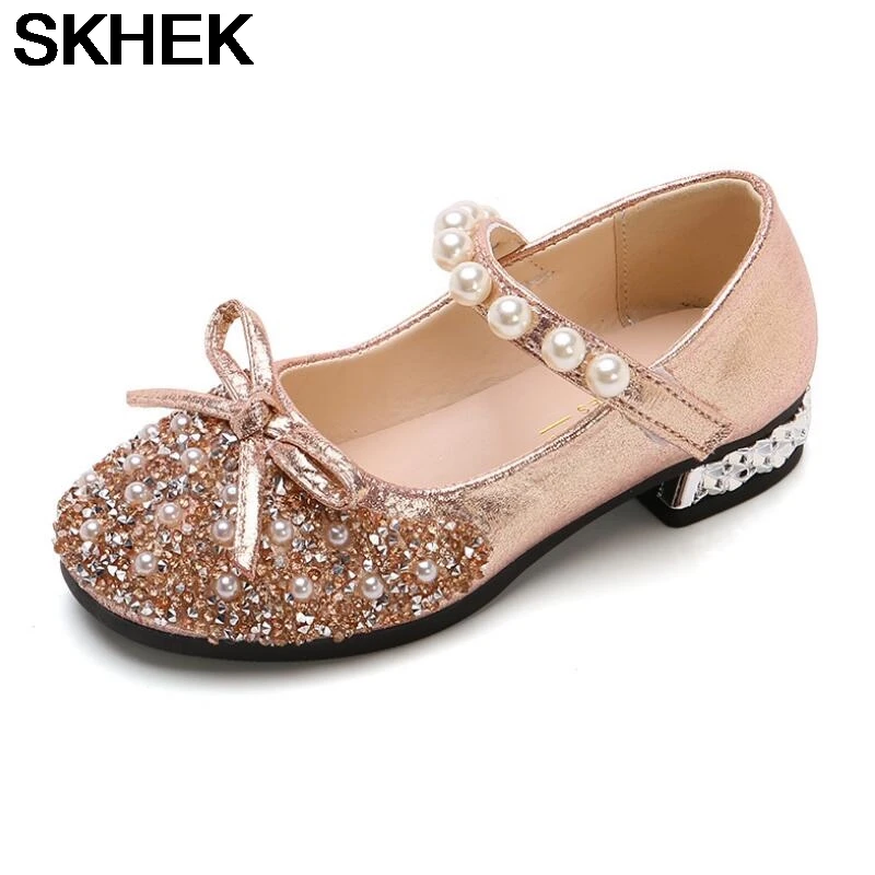 

SKHEK Children Leather Shoes For Girls Toddlers Big Kids Dress Shoes For Wedding Party Glitter Sequined Fabric With Bow-knot