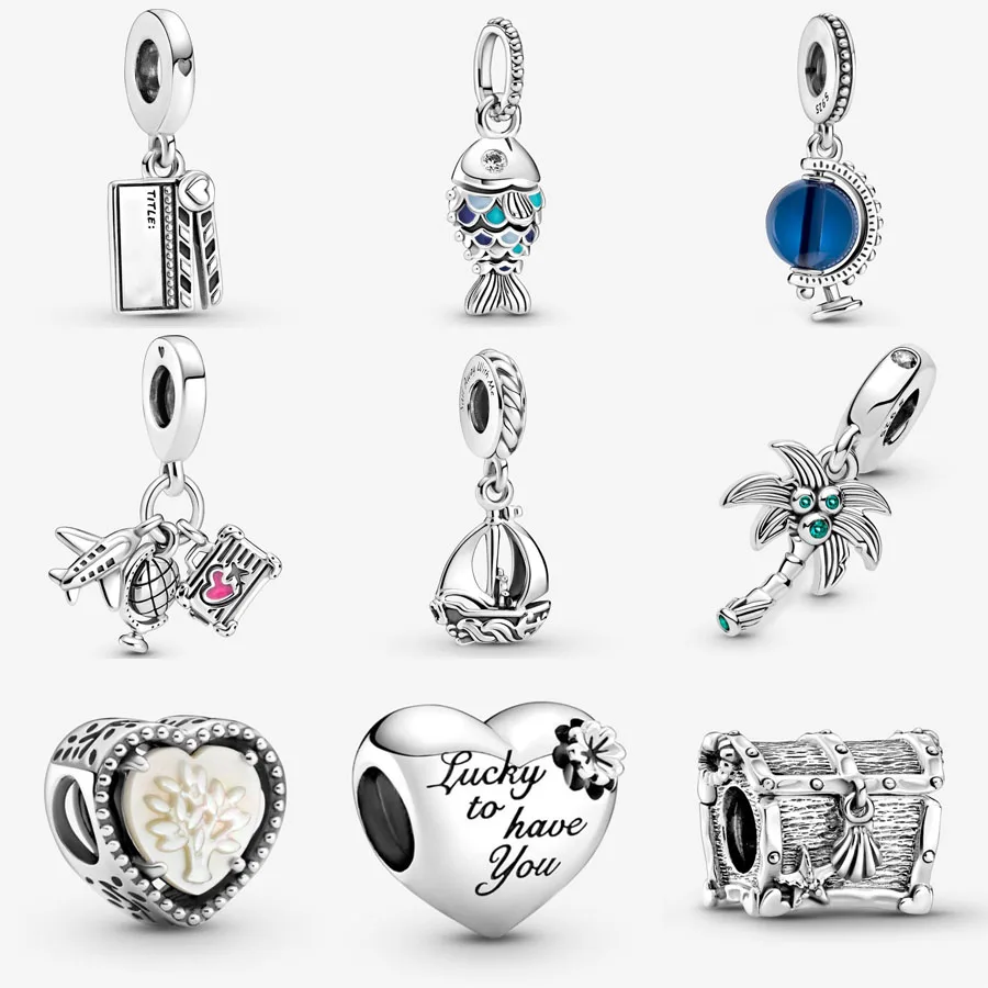 

New Airplane Globe & Suitcase Blue Globe Dangle Charm Fit Bracelet 925 Sterling Silver Treasure Chest Heart Charm DIY jewelry