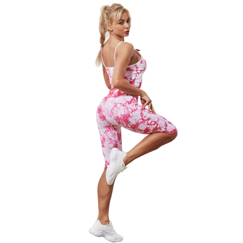 

TaoBo Sleeveless Bodysuit Tie Dye Print Yoga Set Women Short Pants Crop Tops High Waisted Sports Pants Leggings Fitness Sports