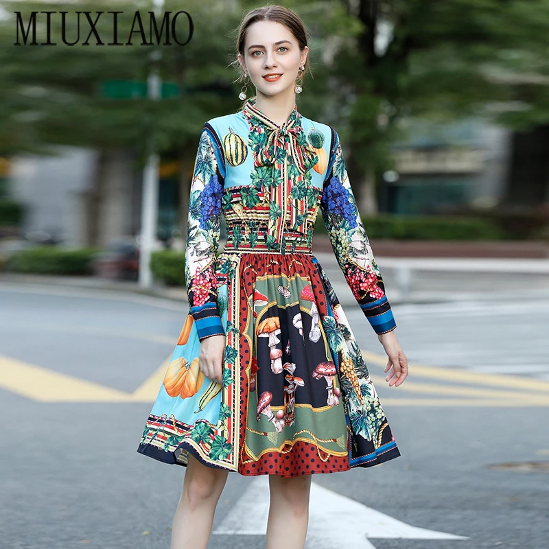 

MIUXIMAO 2020 Fall Dress Newest Full Sleeve Cute Print Flower Elegant Silm Casual Dress Women Vestidos With Bow