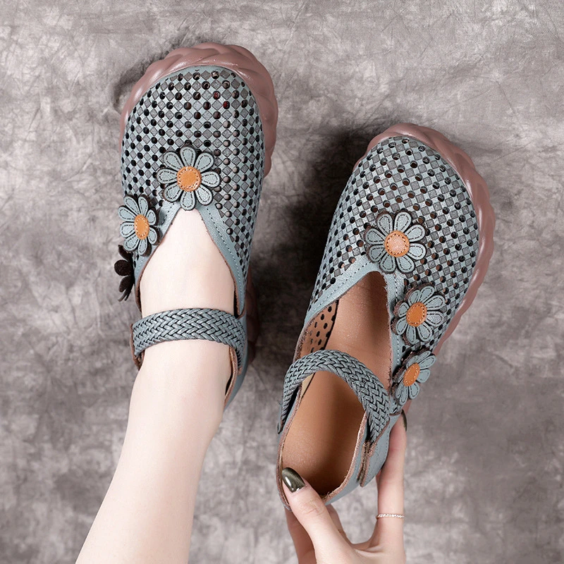 

Туфли женские кожаные на мягкой подошве, с цветочным украшением, в этническом стиле, Размеры 35-39, 2021