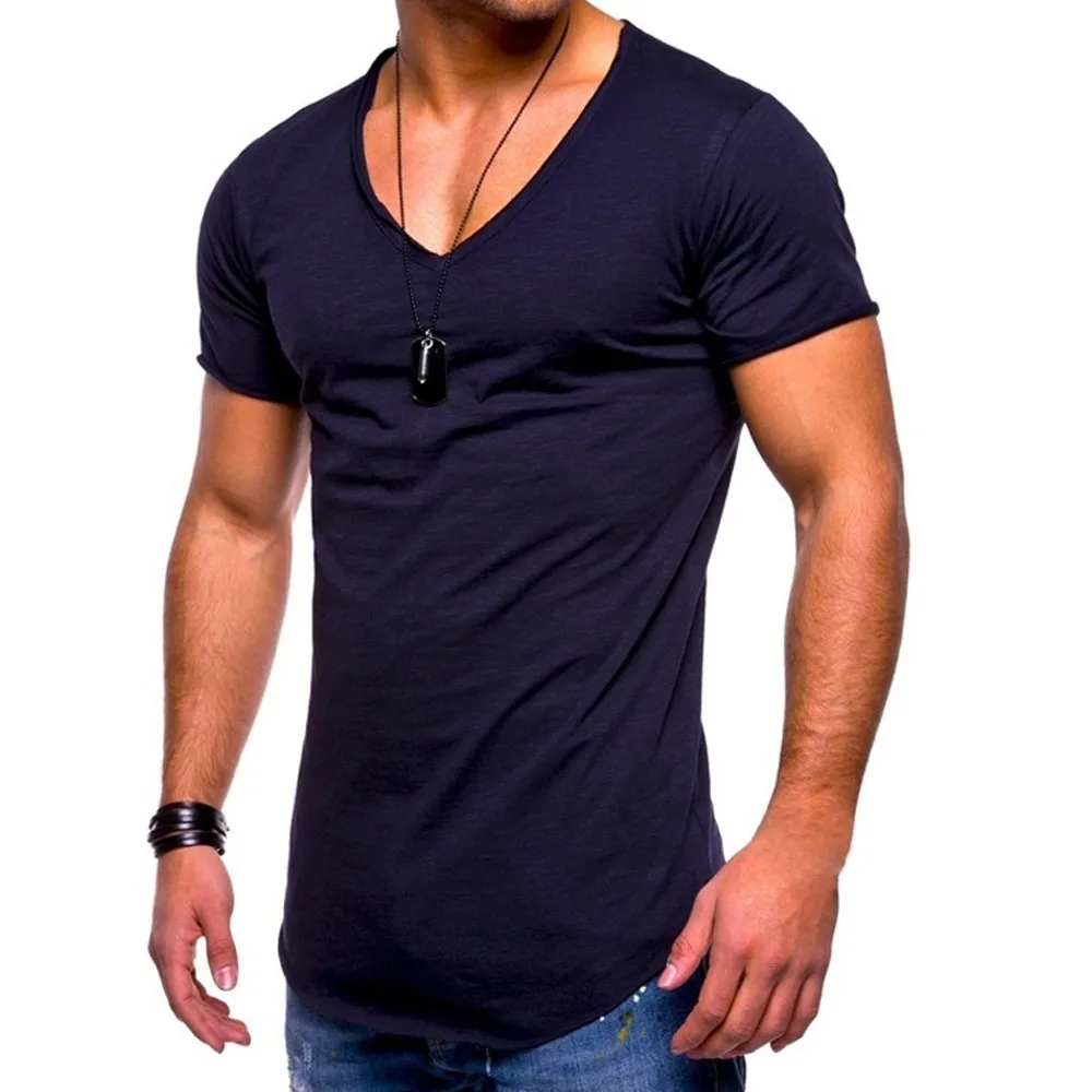 Мужские футболки с коротким рукавом v образный вырез Тонкая Повседневная