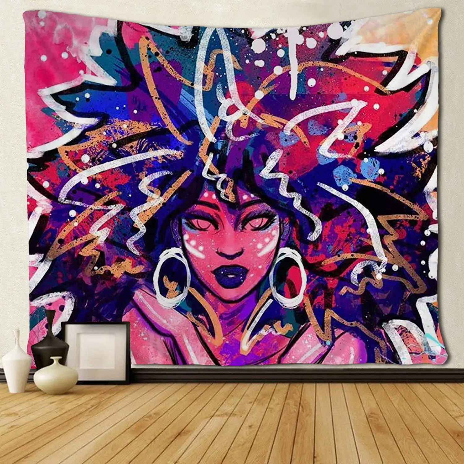 Arte Africano Americano para mujer Afro, tapices de pelo con flores, arte Hippie para colgar en la pared-0