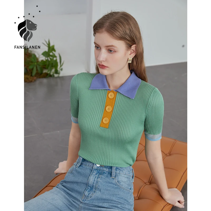 Женская футболка с коротким рукавом fansilзанен Шелковый топ контрастной строчкой