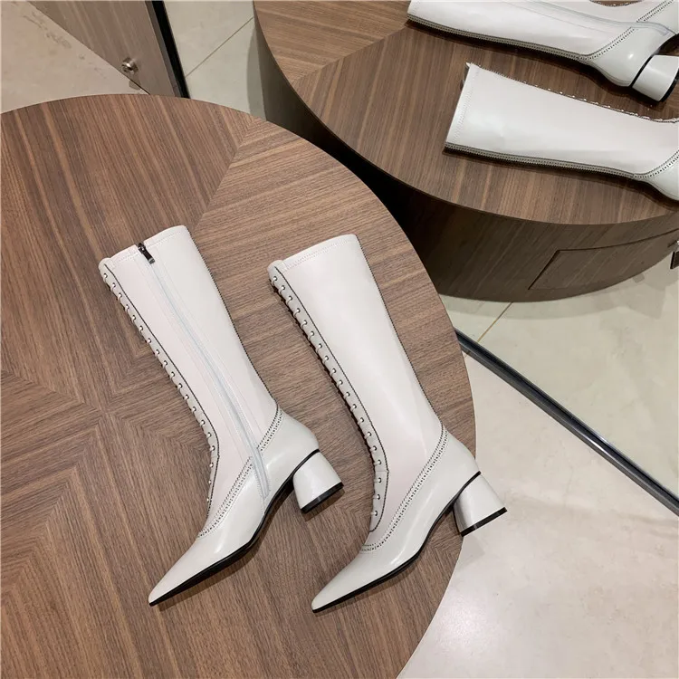 

Genuine Leather White High-Heeled Boots Women's 2020 Thick-Heeled Pointed Toe Lace-Up Side Zipper Temperament Knee-Length Boots