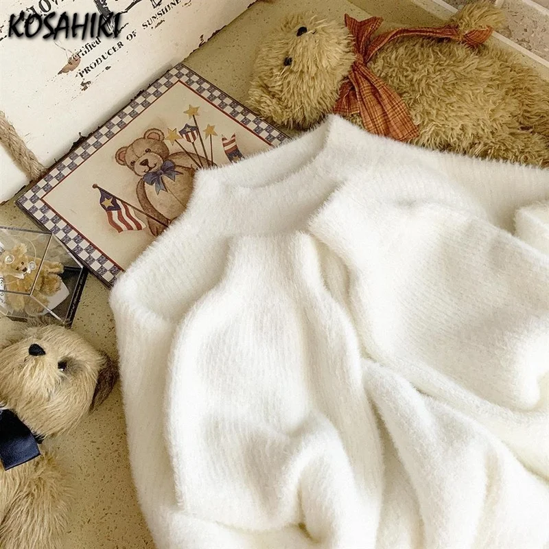 

KOSAHIKI Sweet O-neck Casual Women Knitted Sweater Autumn Mohair Jumper Japanese Basic Tops Female Pullover Jumpers Vestidos