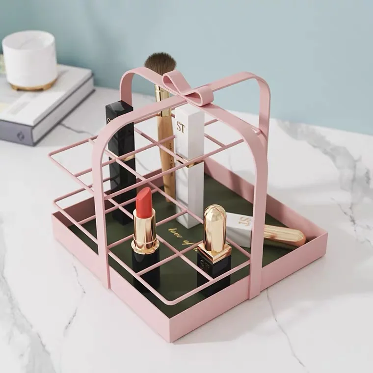 

Nordic Makeup Organizer Cosmetic Perfume Lipstick Storage Box Iron Handle Desktop Makeup Brush Holder Bow Tie Jewelry Rack