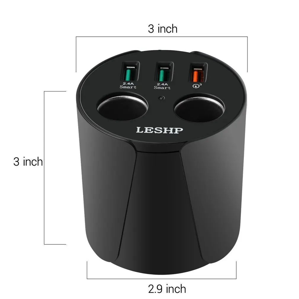 

Car Charger Adapter Quick Charge 3.0 Car Cup Charger Adapter with 2-Socket Lighter 3 USB Ports for Smartphone Tablets