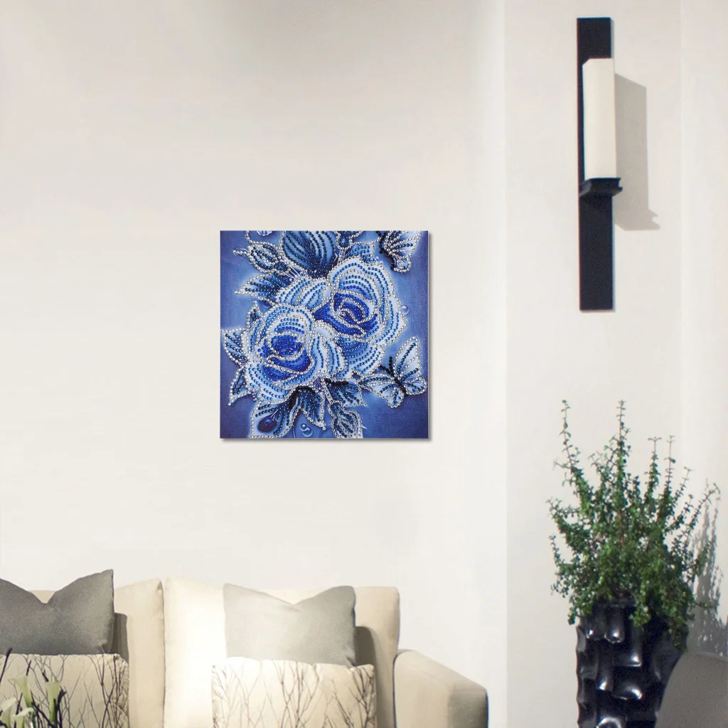 Алмазная картина в особой форме голубая роза цветок Бабочка Современный Узор