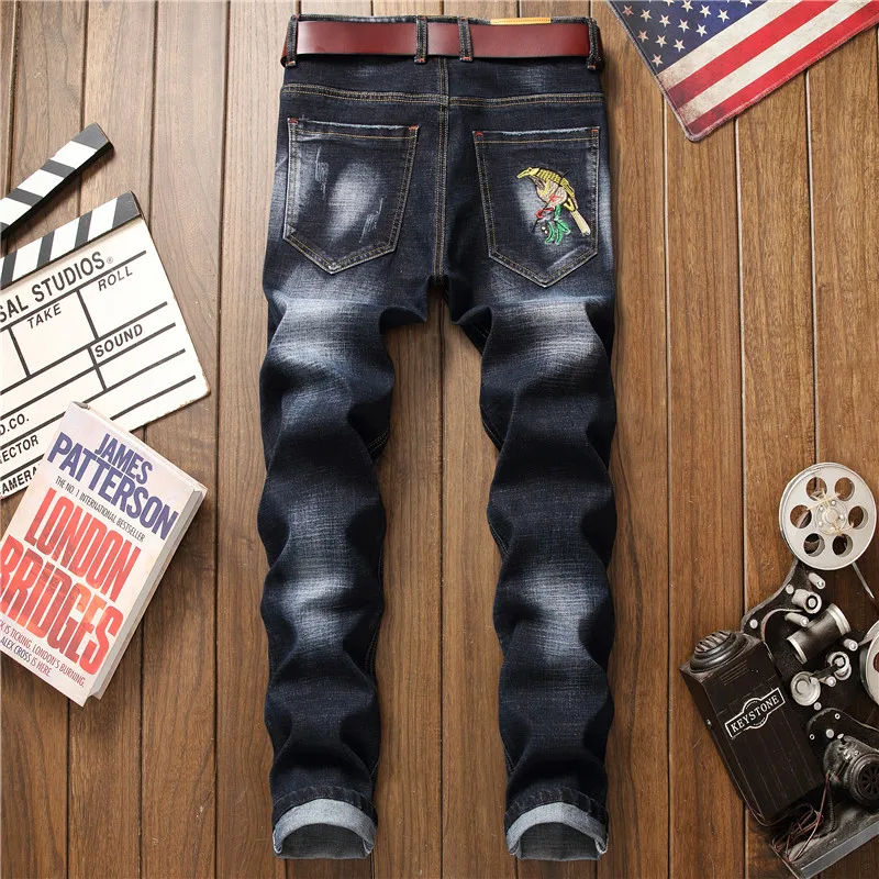 Джинсы мужские с вышивкой в стиле хип-хоп черные облегающие брюки из денима