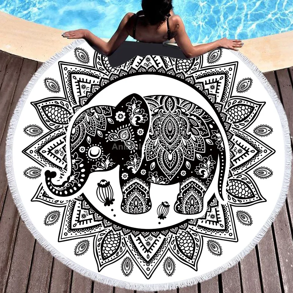 

Black And White Pattern 3D Print Round Beach Microfiber Towel With Tassel 150cm For Swimming Bath Picnic Bathroom Kitchen Towel