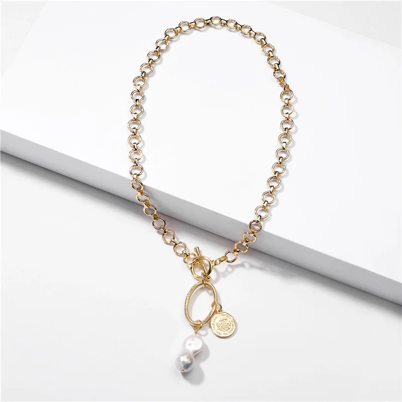 

Gold Plating Thick Chain Necklace Baroque Freshwater Pearl Coin Pendant Necklace for Women