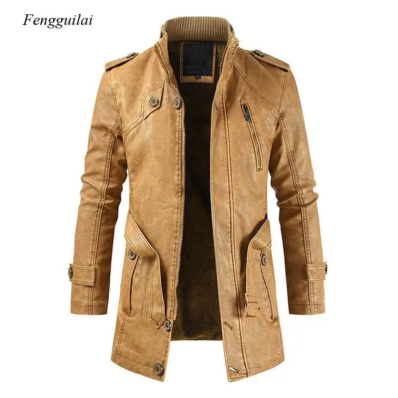 

Leather Jacket Men's Fashion Long Stand Collar Coat Men's Pu Leather Motorcycle Jacket Coat Windbreaker Parka