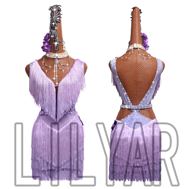 

New Latin dance skirt competition skirt performance Skirt Adult custom children's purple tassel backless dance skirt