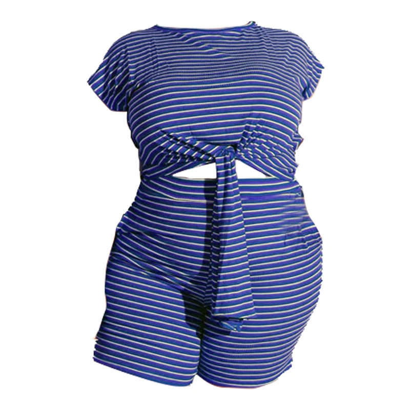 

Summer Women's Suits Short Sleeve Crop Top Shorts Sets Casual Striped Plus Size 2 Piece Set Women Outfits Wholesale Dropshipping