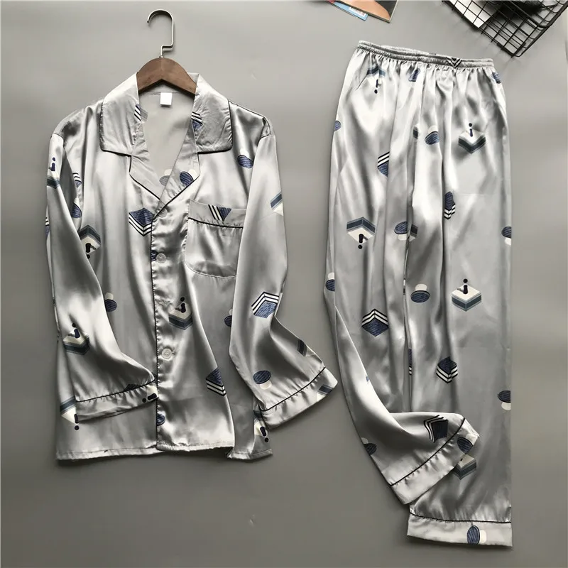 

Daeyard Men Silk Pajama Set Spring Summer Soft Long Sleeve Shirts And Pants Pyjamas Sleepwear Casual Home Clothes Plus Size Suit