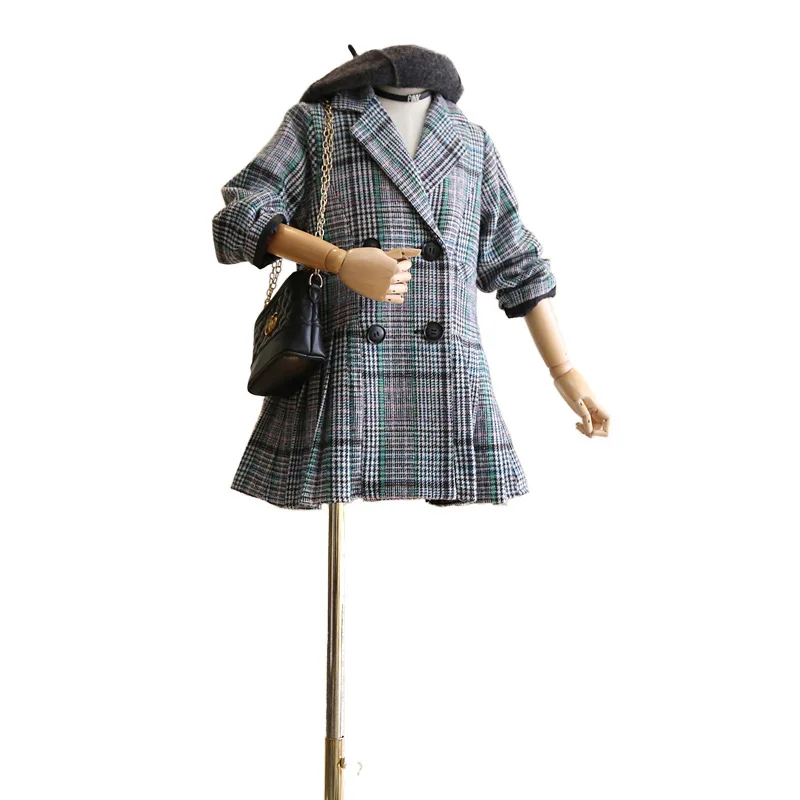 Children's jacket 2019 autumn and winter new girls retro tone tartan suit lapel three-dimensional pleated wrinkle dress | Детская