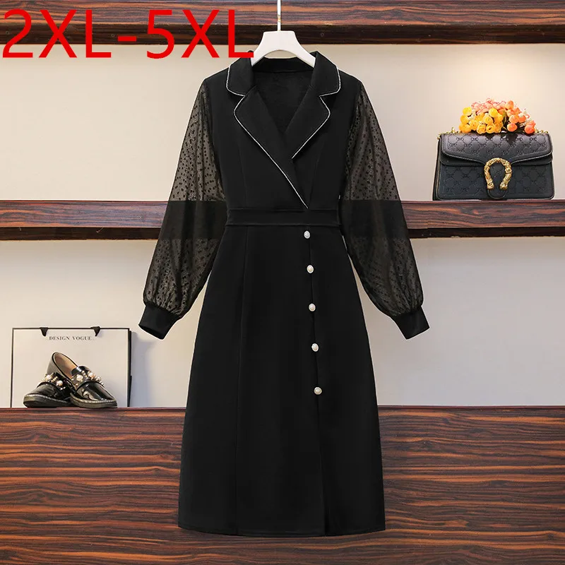

New Autumn Plus Size Dresses For Women Notched Long Sleeve Dot Mesh Patchwork Split Large Female Black Dress 2XL 3XL 4XL 5XL