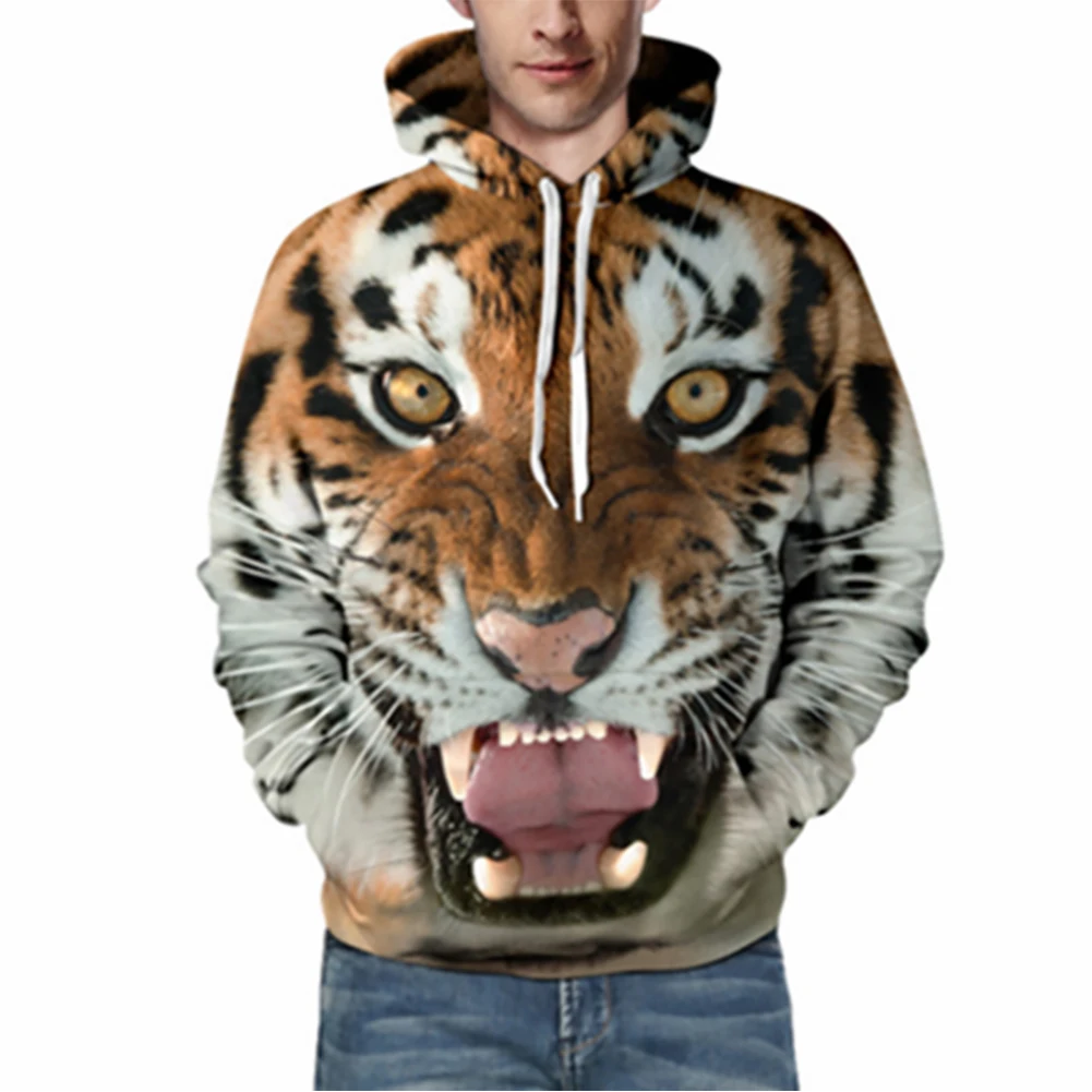 Mens Hoodies Funny 3D Tiger Lion Print Animals Sweatshirt Casual Loose Pocket Long Sleeve Winter Men Hoodies Unisex Pullovers