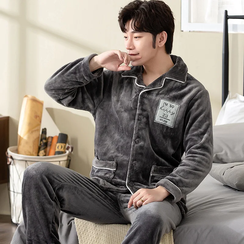 2021 Winter New Regular Men's Pajamas Set Thickened Warm Flannel Home Service 2-piece Set