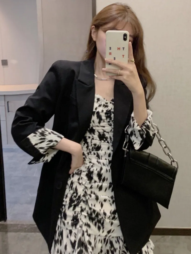 

Women's Suit Spring Autumn Black Korean Casual Fashion Suit High-quality Jacket 2021 New Mid-length Temperament Top Blazer Set