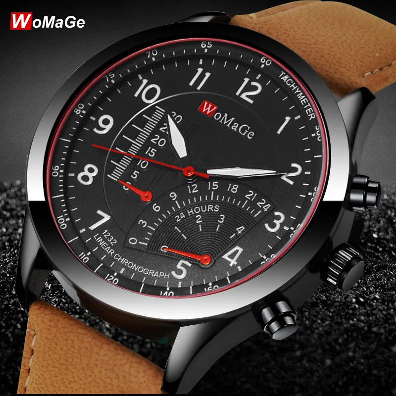 

Fashion Luxury Brand Womage Men Watches Casual Leather Straps Wristwatches Relogio Masculino Erkek Kol Saati Reloj Hombre D7