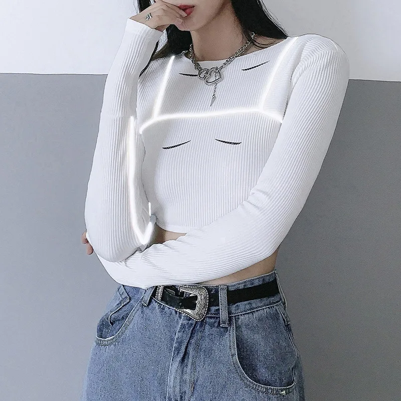 

Reflective Striped Patchwork Skinny Crew Neck Long Sleeves Crop Top Women
