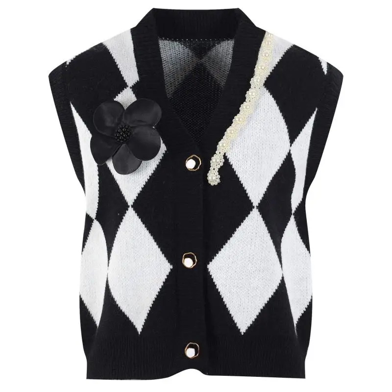 Короткий женский пуловер в стиле ретро с пышными рукавами ромбовидный жемчужный