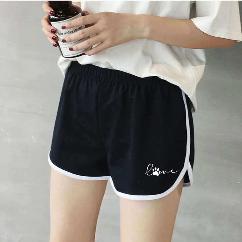 

Women's Shorts Summer 2021 Elastic Waist Cute Cat Paw Print Letter Drawstring Sports Short Femme Woman Pants Clothes Harajuku