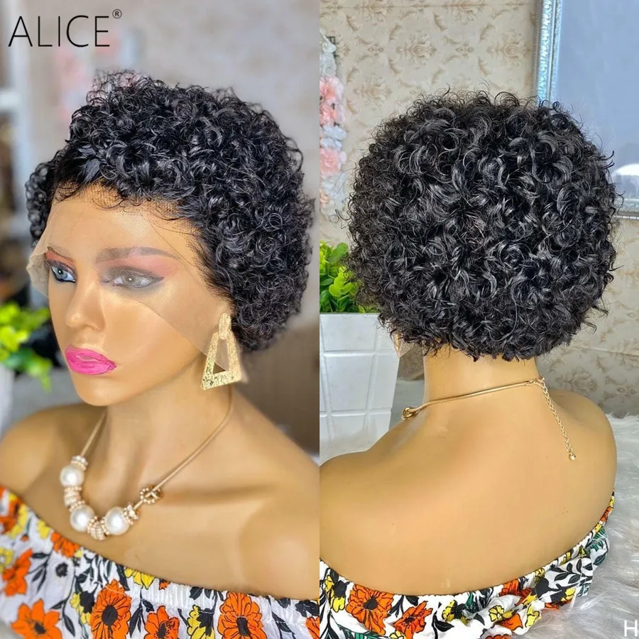 Кудрявые человеческие волосы с кружевом спереди ALICE Pixie 13 х4 Плотность парики