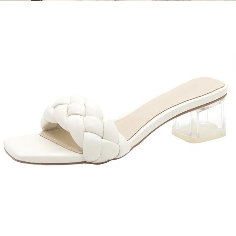 

2021 Fashion Square Open Toe Weave High Heels Shoes Ladies Slippers Designer Slides Sandal Outdoor S6103
