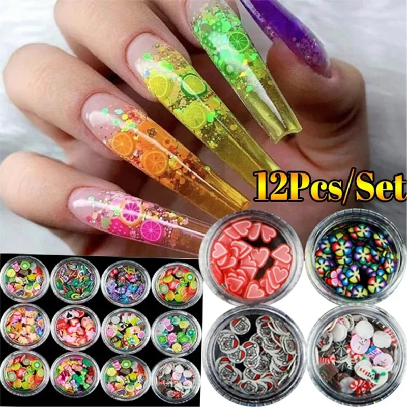 12Box/Set Mixed Fruits Flowers Heart Xmas Shape Nail Art Decoration Nail DIY Crafts 3D Jewelry for Nail Polish Tools