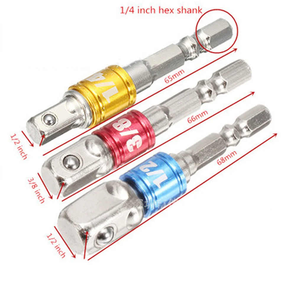 

Chrome Vanadium Steel Socket Adapter Hex Shank to 1/4" 3/8" 1/2" Extension Drill Bits Bar Hex Bit Set Hand Tools